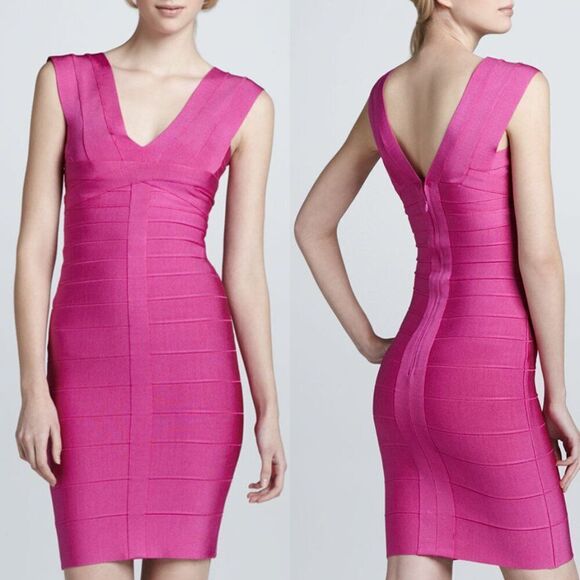 Herve Leger magenta hot pink Caprice Elise bandage bodycon sleeveless mini dress - Picture 1 of 7